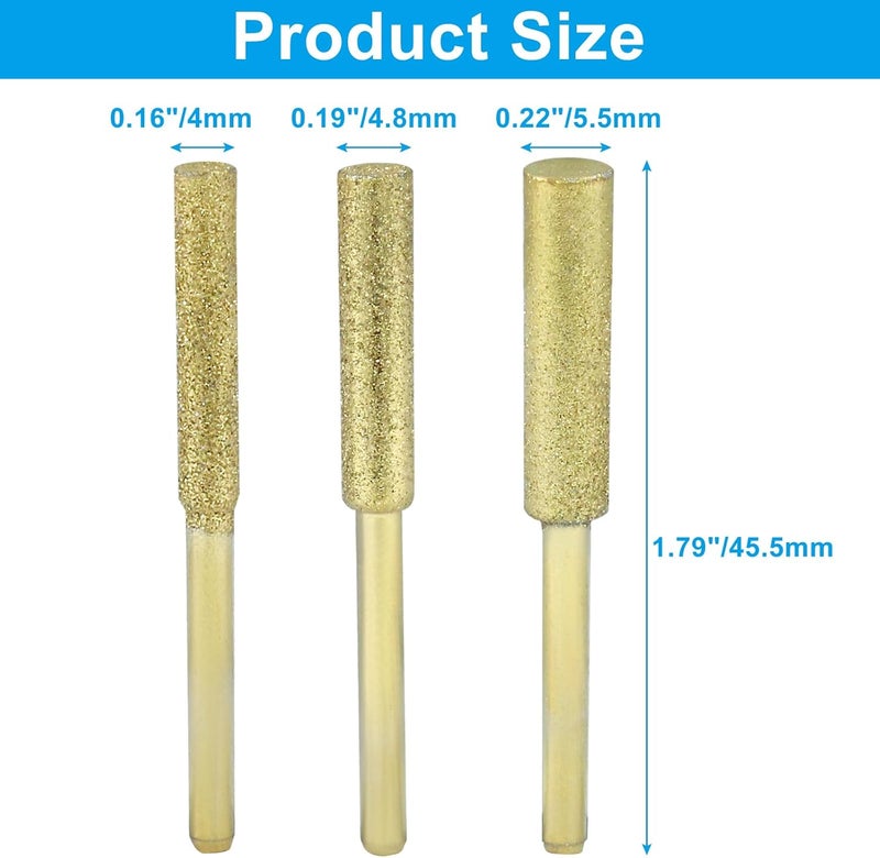 Rierdge 24 Pack Diamond Chainsaw Sharpener 1/8" Shank, High Hardness Grinding Bits Polishing Stones, Durable Files for Electric Chainsaws/Garden Tools, 5/32'', 3/16'', 7/32''(Gold) - Image 3